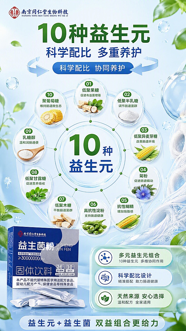[第3张] 详情页益生元专张-10种益生元协同作用解析。本张使用【图1】产品包装盒作为左下角辅助展示。
[氛围/风格] 清新蓝绿健康风，自然植物感，科学专业，商业摄影质感。
[元素布局] 画面中部为益生元成分环形图，中心写「10种益生元」，周围环绕10个圆形成分图标，每个图标对应一种益生元名称和植物/原料示意图，占主视觉约50%；左下角放置益生菌粉包装盒小图，占比约20%；背景浅蓝渐变，点缀植物叶片、膳食纤维纤维丝、水滴等自然元素；上方有「科学配比 协同养护」示意箭头图形。
[光影质感] 柔和自然光感，成分图标有轻微立体凸起效果，整体明亮清新，干净通透。
[配色色系] 全局底色#E8F5FD浅蓝；主色深蓝#1565C0、绿色#2E7D32；辅助色白色、浅绿；字色深蓝+绿色。
[视角构图] 正面居中环形构图，阅读动线顶部标题→中心环形图→四周成分→左下角产品。
[文字版式] 顶部主标题「10种益生元」深绿粗黑体超大字；副标题「科学配比 多重养护」深蓝常规字；环形图周围10个益生元名称标签，字体清晰；底部一行说明「益生元+益生菌 双益组合更给力」；左下角产品包装盒保持原图外观一致；圆角信息条点缀，文字全部清晰可读。
[比例分辨率] 9:16竖版比例，4K分辨率，文字清晰可辨，高清画质。
[负向提示词] 产品变形，包装文字错乱，水印，文字过小，医疗化表述，绝对化用语，背景杂乱。