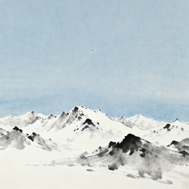 水墨风格，冷色调，千山鸟飞绝，广阔连绵的雪山群峰，天空中没有飞鸟，整体静谧寂寥的雪景氛围，层次感强，元素简洁干净预览效果