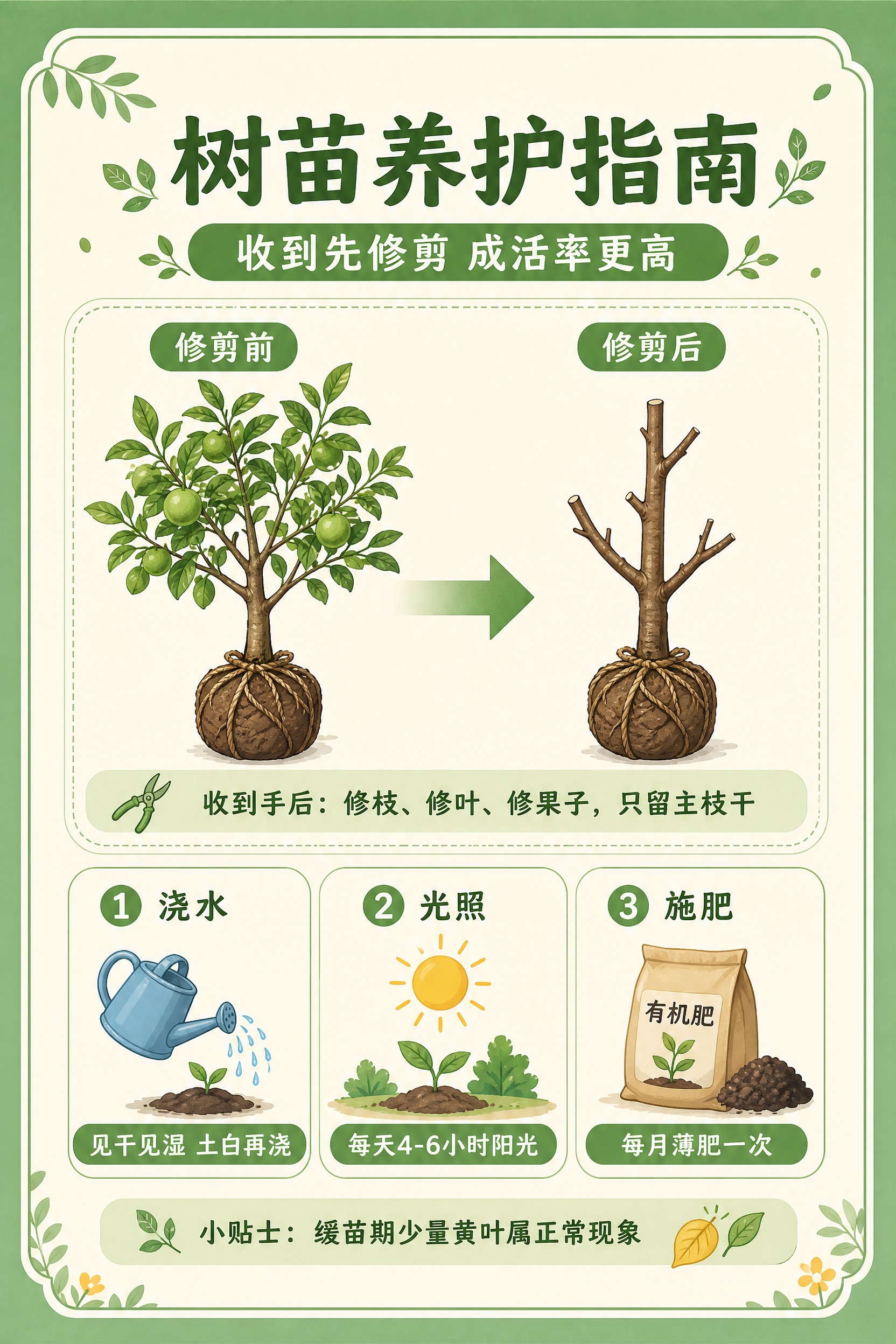 竖版手卡反面设计，树苗养护指南卡片，清新自然扁平插画风，主色调… - 图片创意预览