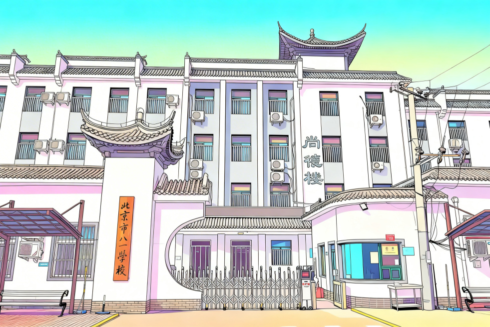 将这幅校园风景画转换成动漫漫画风格，保留原有建筑构图和文字预览效果