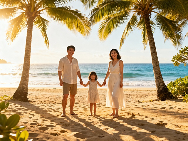 生成一张一家三口在巴厘岛游玩的图片，其乐融融的氛围
