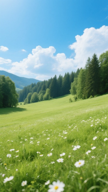 阳光明媚的户外场景，一片生机盎然的绿色草地，草地上点缀着白色的小花，远处是茂密的树林，天空湛蓝，飘着几朵白云，光影效果自然，呈现出不同的户外自然景观风格，可能是森林边缘的开阔草地，也可能是山间的平缓草甸，整体氛围清新自然，充满活力。预览效果