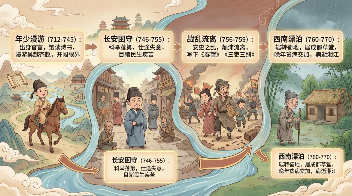 帮我生成一张16：9的图片，图片的内容是关于杜甫一生的成长过程，每一个成长历程中要配有相应的文字说明，能够清晰的反映当时杜甫的遭遇等相关内容，他在什么时候什么背景下写了流传至今的古诗，便于学生对杜甫一预览效果
