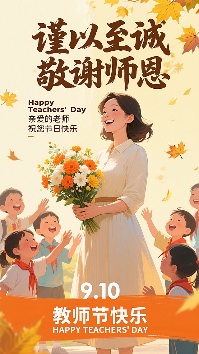 中国风教师节插画海报，9:21竖版构图，暖黄色调背景，画面中央一位穿着米白色连衣裙的女教师，面带微笑，双手捧着由橙色、白色、黄色花朵组成的花束。周围环绕着，孩子们面带笑容，有的伸出手，有的看向老师。上方有棕色书法大字“谨以至诚 敬谢师恩”，配文“Happy Teachers' Day 亲爱的老师 祝您节日快乐”。底部橙色横幅上写有“9.10 教师节快乐 HAPPY TEACHERS' DAY”背景中有飘落的黄色枫叶，整体氛围温馨、欢快，充满感恩之情。
