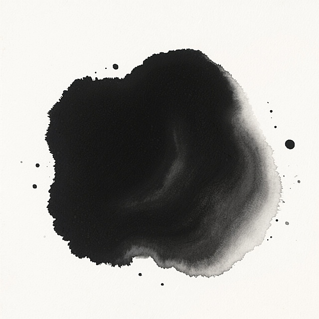 中国水墨画风格的墨迹素材，以纯黑色墨汁在白色宣纸上自然晕染形成的不规则墨团为主体，墨色从中心浓重的纯黑逐渐向外过渡为深浅不一的灰黑色，边缘呈现柔和的渐变效果，伴有随机分布的细小墨点和飞溅的墨痕，整体具有水墨画特有的流动性和层次感，画面简洁大气，留白充足，展现出墨色在宣纸上渗透、扩散的自然肌理和艺术美感。