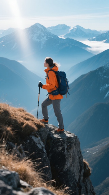 一位穿着橙色冲锋衣和灰色登山裤的女性登山者，背着深蓝色登山包，手持登山杖，正站在陡峭山壁的狭窄山脊上，身体微微前倾，目光望向远方云雾缭绕的雪山群峰。清晨的阳光从她左后方斜射过来，在她身上形成明亮的轮廓光，背后是层次分明、呈青蓝色调的连绵山峦，前景有稀疏的褐色枯草和灰黑色岩石。整体采用写实摄影风格，画面清晰锐利，色彩以蓝灰色调为主，点缀橙色形成视觉焦点，光影对比强烈，营造出一种壮丽、开阔且充满探……预览效果