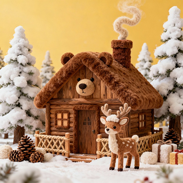 毛绒质感的3D微缩圣诞小屋，熊脸屋顶与萌鹿相伴，雪松环绕，暖黄背景烘托温馨梦幻的节日氛围。
