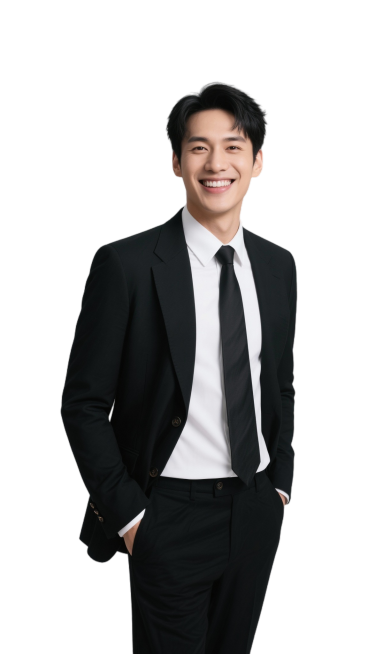 画面主体是一位面带爽朗笑容的东亚男性，留着整洁的黑色短发，笑容舒展亲和，整体气质阳光又干练。身着一身笔挺的黑色西装套装，内搭白色衬衫，搭配黑色领带，商务装扮正式得体，西装袖口的装饰纽扣也显得精致讲究。预览效果