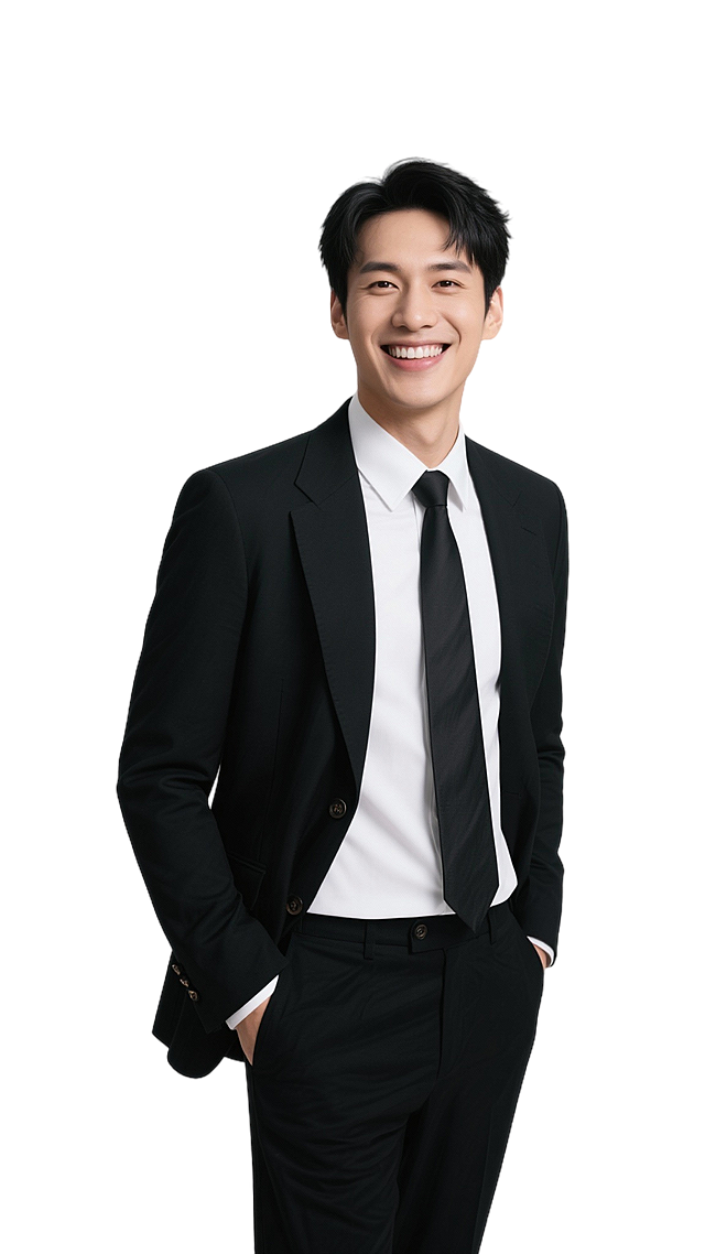 画面主体是一位面带爽朗笑容的东亚男性，留着整洁的黑色短发，笑容舒展亲和，整体气质阳光又干练。身着一身笔挺的黑色西装套装，内搭白色衬衫，搭配黑色领带，商务装扮正式得体，西装袖口的装饰纽扣也显得精致讲究。他双手插兜前，神态自信放松，背景是纯净的白色