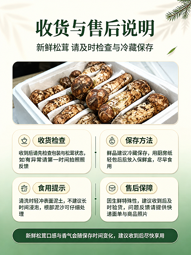 优化这张'收货与售后说明'的详情页图片，提升整体画质和质感：松茸图片更清晰有质感；四个卡片的文字更精致清晰，修复乱码文字使其通顺；去除右下角'豆包AI生成'水印；保持原有构图和内容不变