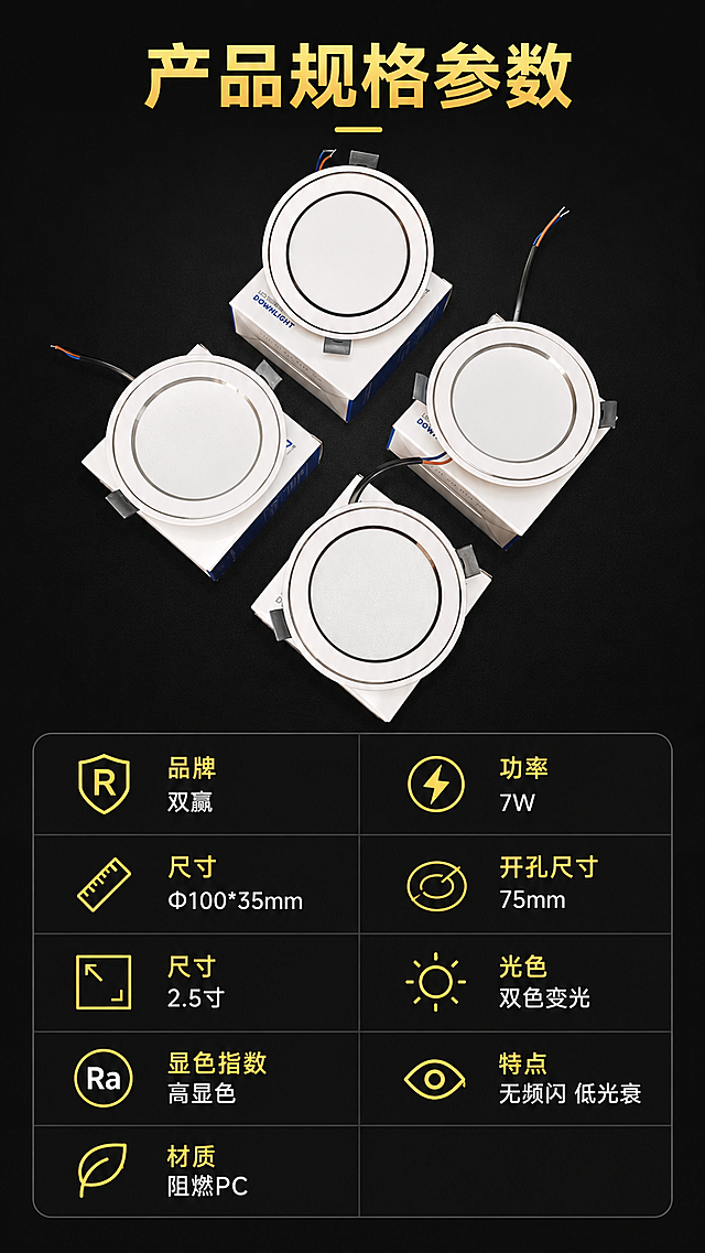 [第7屏] LED筒灯规格参数信息屏。清晰展示产品各项参数，方便用户选购。产品外观保持与参考图一致。
[氛围/风格] 清晰信息卡风格，简约专业，深色背景，信息排版规整。
[元素布局] 产品实物图放在画面上半部分，占据约45%高度，保持外观与参考图一致。下半部分为参数信息卡，分栏列出各项参数，排版干净整齐，信息一目了然。
[光影质感] 整体光线均匀，产品清晰，文字锐利，信息卡分区明确，易读性强。
[配色色系] 全局底色：#121212（深黑）；产品：#FFFFFF+黑圈银边；参数标题：#F5DE6E（金色），参数内容：#FFFFFF（白色）；分隔线：#333333（灰色）。
[视角构图] 产品在上，参数表在下，竖向排列，构图稳定均衡，信息层级清晰。
[文字版式] 顶部主标题“产品规格参数”金色字体。参数分两栏列出，包含：品牌：双赢，功率：7W，尺寸：Φ100*35mm，开孔尺寸：75mm，尺寸：2.5寸，光色：双色变光，显色指数：高显色，特点：无频闪 低光衰，材质：阻燃PC。表格线清晰，文字对齐工整。
[比例分辨率] 9:16竖版，1080×1920分辨率，文字清晰可辨，超高清。
[负向提示词] 产品变形，文字错乱，水印，产品图模糊，背景杂乱，颜色偏差