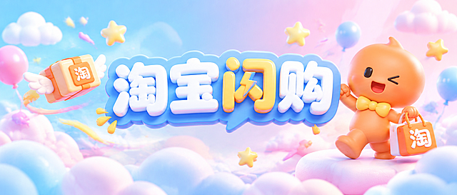 将这张淘宝闪购图改成和之前劳保用品兑换季banner一样的3D卡通Q版马卡龙风格，粉蓝渐变云朵气球星星背景，"淘宝闪购"文字做成圆润可爱的立体字，淘公仔形象保持并融入整体风格，整体活泼温馨，马卡龙柔和配色，横版banner构图