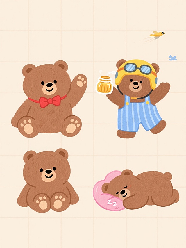 一套4个完全不同造型的棕色卡通小熊系列素材集合，保持手绘水彩质感的温暖可爱风格，每个小熊都有圆润的身体、黑豆眼睛、微笑嘴巴和奶油色掌心肉垫，分别为：戴着红色蝴蝶结挥手的坐姿小熊、穿着蓝色条纹背带裤啃蜂蜜罐的站立小熊、戴着黄色飞行员头盔张开双臂的飞行小熊、抱着粉色爱心枕侧卧睡觉的小熊，所有小熊均以规整的网格布局排列在纯色浅色背景上，画面整体柔和治愈，线条简洁流畅，色彩过渡自然。