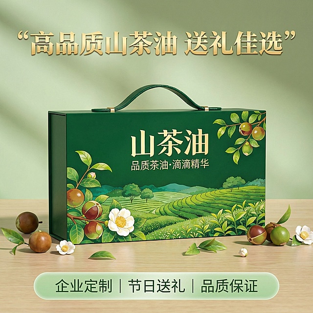 [主图 5] 山茶油礼盒送礼场景展示
[氛围/风格]：简约温馨节日氛围，品质感突出
[画面元素]：山茶油手提礼盒放置在简约雅致的桌面，搭配少量茶果和绿叶点缀，保留礼盒原有外观设计和绿色包装，背景干净柔和，营造高端送礼氛围，产品主体完整突出
[配色色系]：墨绿色礼盒为主，浅绿背景，搭配茶果自然色调，整体和谐清新
[视角构图]：平视场景构图，产品+点缀搭配，构图均衡
[文字版式]：主标题“高品质山茶油 送礼佳选”金色粗体顶部居中，底部设置半透浅绿悬浮条，横向排列服务卖点“企业定制 | 节日送礼 | 品质保证”，文字清晰，不遮挡主体，符合淘宝天猫主图设计规范
[比例分辨率]：1:1比例，2k分辨率，保持产品外观与原图一致