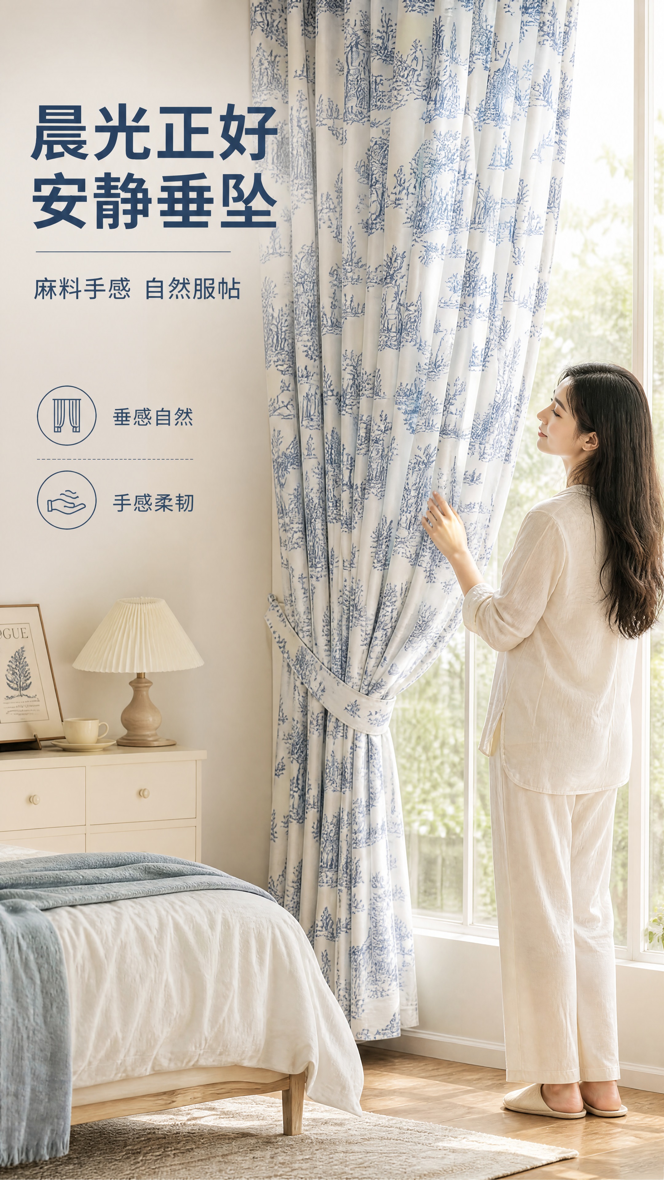 [商品] 使用【图1】蓝白法式印花麻料窗帘；保留蓝白印花图案、… - 图片创意预览