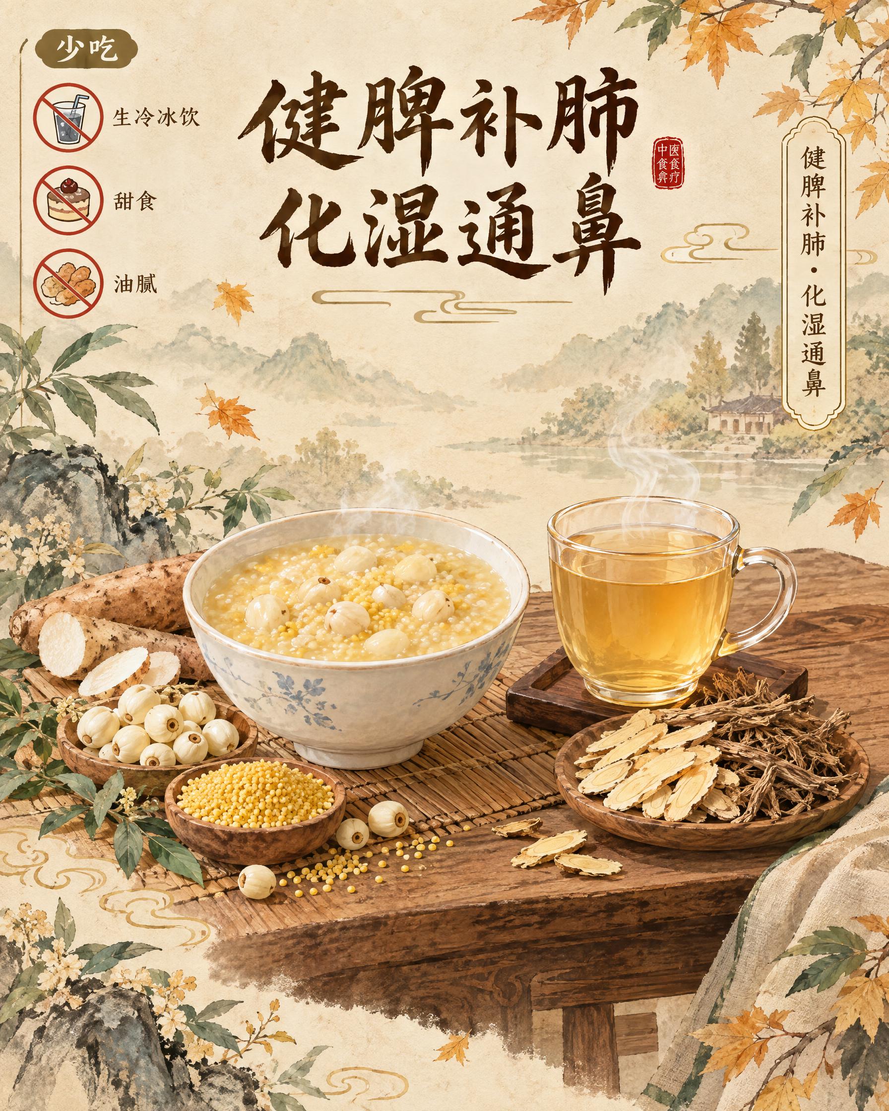 中医食疗养生科普插画，国风水墨养生风格，竖版构图，主题为健脾补… - 图片创意预览