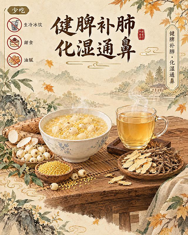 中医食疗养生科普插画，国风水墨养生风格，竖版构图，主题为健脾补肺、化湿通鼻；画面中心是一张古朴的木质餐桌或竹席，摆放着两样食疗品：左侧是一个白瓷碗盛着温润的山药莲子小米粥，碗边摆放新鲜山药、莲子、小米等食材；右侧是一杯淡金色的黄芪防风代茶饮，旁边摆放黄芪片和防风药材，有淡淡热气升起；画面一角用小巧的图标和文字示意“少吃生冷冰饮甜食油腻”的饮食禁忌，另一角配小字“健脾补肺·化湿通鼻”；整体色调以暖米色、淡金、暖褐、青绿为主，背景为淡雅宣纸纹理与秋叶、云纹装饰，营造温润治愈、药食同源的养生氛围，中医食疗美学风格，画面层次丰富，食物表现干净可口，不出现真实病患场景