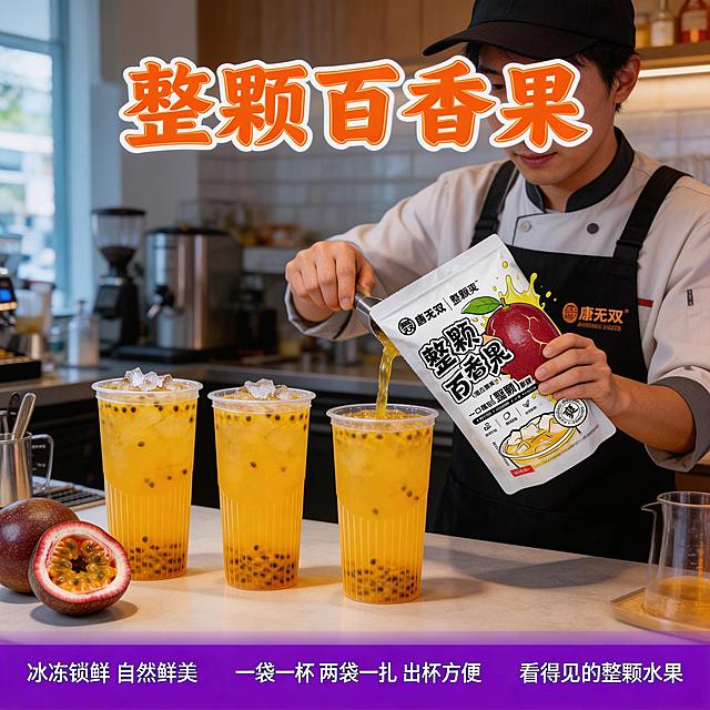 整颗百香果电商主图2：顶部核心信息区主标题用活泼的橙色艺术字写“整颗百香果”，字体醒目。中部商品展示区背景是明亮的奶茶店操作台场景，工作人员正在快速制作百香果茶，左手拿着唐无双整颗百香果产品袋，右手正在将产品倒入杯中，旁边已经做好了3杯成品整颗百香果茶饮（使用用户上传的同款竖纹杯子），操作台上摆放着各种制作工具和切开的百香果，突出出餐便捷的特点。底部辅助信息区通栏设计，紫色背景，左侧写“冷冻锁鲜 自然鲜美”，中间写“一袋一杯 两袋一扎 出杯方便”，右侧标注“看得见的整颗水果”，文字均为白色。整体风格明快专业，突出产品便捷出餐的优势，层次分明,图像宽高比1:1。