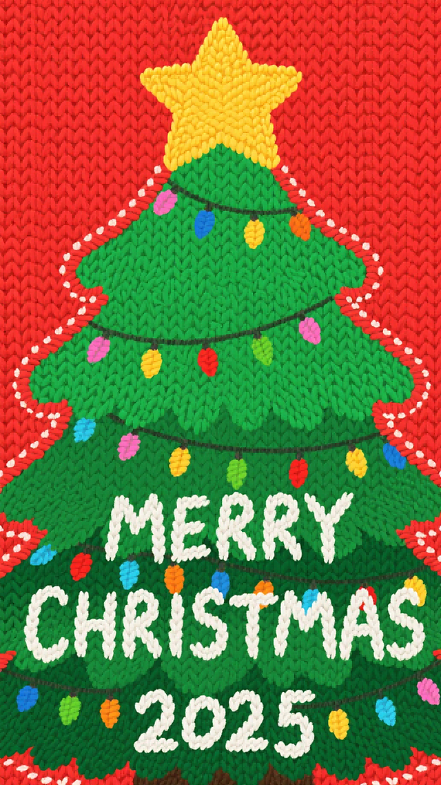 绿色圣诞树冠特写，无树干，边缘饰以红色针织纹理，顶部黄色星星；背景为红色针织面料，树身下方有白色艺术字 “MERRY CHRISTMAS 2025”。