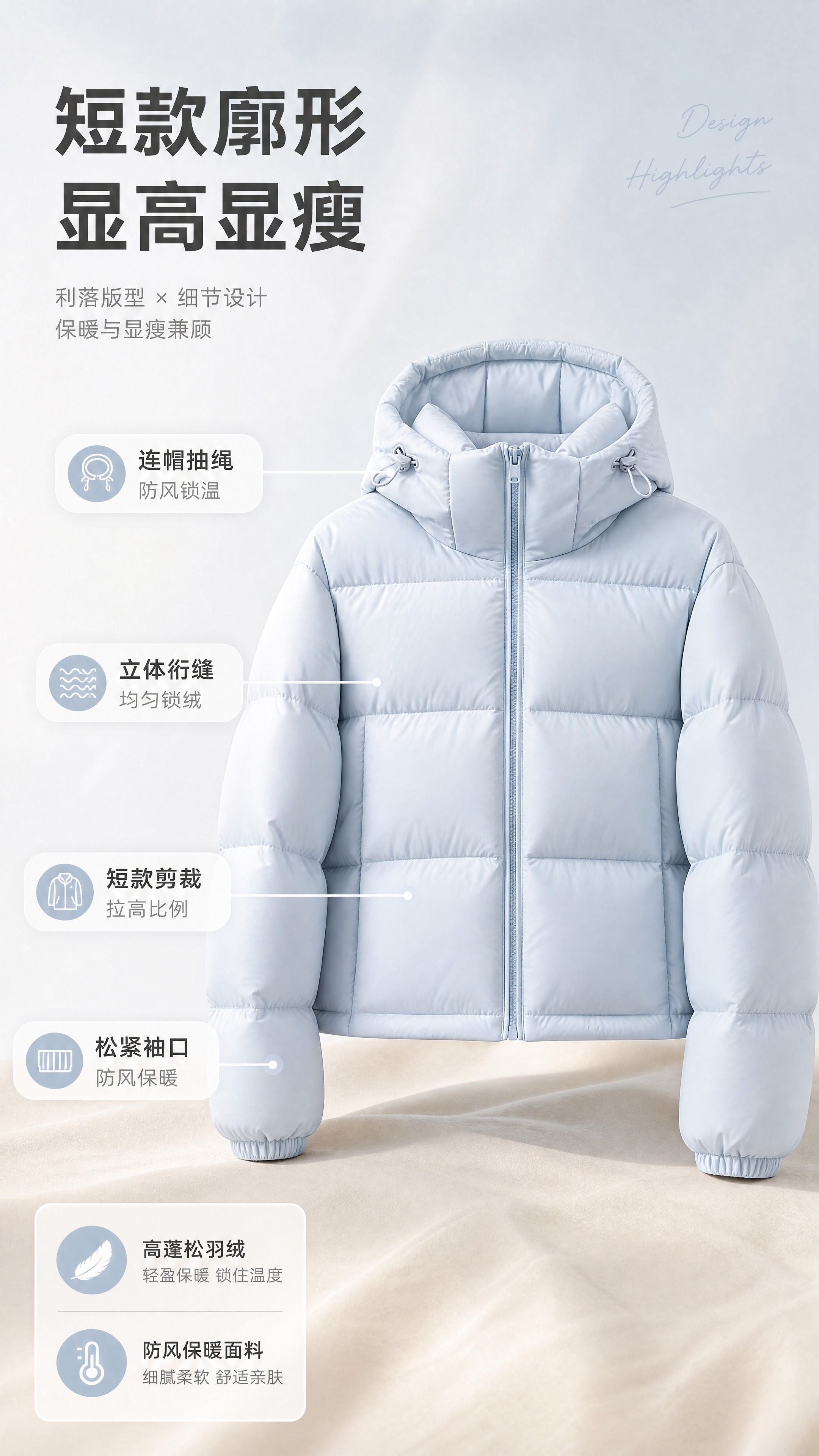 [商品] 使用【图1】奶雾蓝短款连帽泡芙羽绒服；商品处理：保留… - 图片创意预览