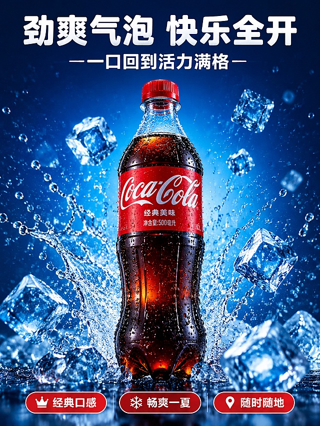 [第1屏] 详情页头图-经典碳酸可乐广告宣传。
[氛围/风格] 年轻活力冰爽风，通透清凉，充满创意和视觉冲击力，商业摄影质感。
[元素布局] 经典可乐瓶置于画面中心，占比约70%；产品周围环绕新鲜冰块和飞溅的水珠气泡，背景用渐变深蓝色烘托冰感；可乐轮廓、包装颜色和文字保持与经典可乐一致。
[光影质感] 正面冷调柔光照明，气泡和冰块保留清晰高光，瓶身有自然通透反光，底部自然投影，整体明暗层次清晰。
[配色色系] 全局底色 #0F3460；主色经典红黑；辅助色白色高光、浅蓝渐变背景。
[视角构图] 正面微仰视视角，可乐为绝对视觉中心，阅读动线从上标题到中心产品到底部信息。
[文字版式] 版式为顶部标题+中心产品+底部卖点。主标题「劲爽气泡 快乐全开」，副标题「一口回到活力满格」，加粗圆角黑体居中；底部三个卖点「经典口感 畅爽一夏 随时随地」，三栏胶囊底纹排列；文字不遮挡瓶身主体，保持清晰可读。
[比例分辨率] 3:4 竖版比例，4K分辨率，文字清晰可辨，高清画质。
[负向提示词] 瓶身变形，缺件错件，颜色偏差，包装文字错乱，水印，文字过小，文字错乱，产品图模糊，背景杂乱