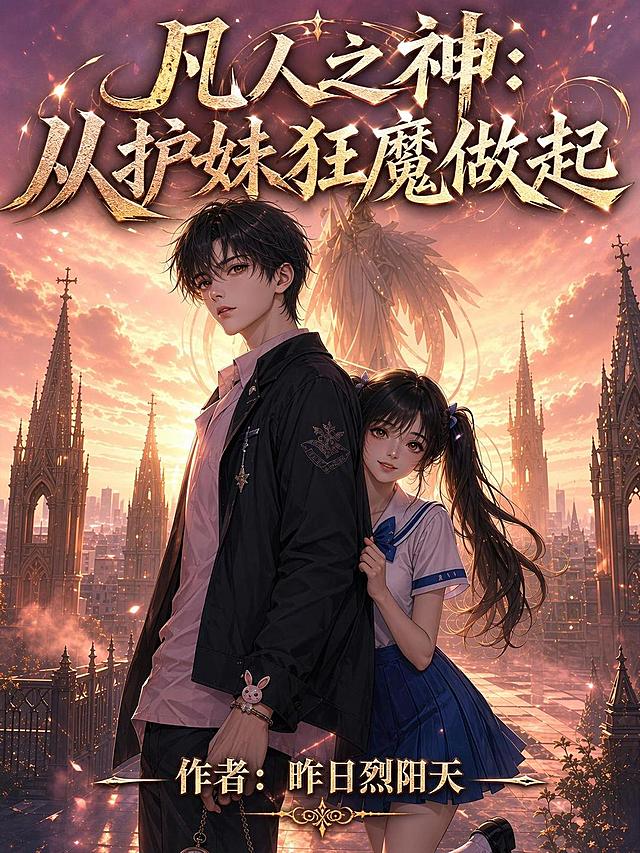 基于参考图，在画面上方添加小说标题文字“凡人之神：从护妹狂魔做起”，在画面下方添加作者文字“作者：昨日烈阳天”，文字风格为大气玄幻的小说封面字体，与画面整体的二次元动漫、黄昏哥特城市、神圣氛围相融合，保持人物和背景完整不被破坏，构图协调美观