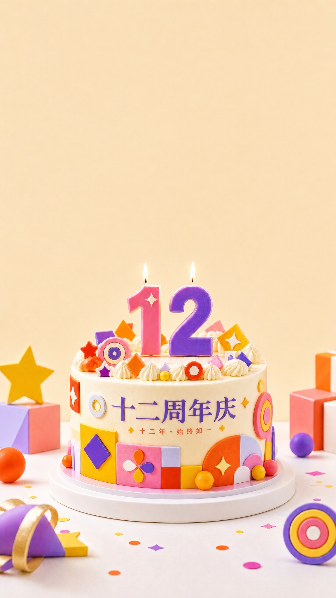 产品精修，桌上的蛋糕和所有桌面物品（星星、礼盒、圆球、彩屑、派… - 图片创意预览