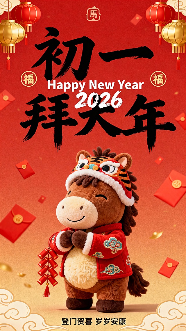提示词：纯正面小马，Q 版棕褐配色的拟人毛绒小马公仔（腹部是浅米色毛绒，单眼眯起微笑，鬃毛为深棕短绒质感，圆鼓鼓的肚子），站立，头戴虎头帽、身着红棉服（棉服绣祥云纹），双手作揖拜年，身侧挂着一串红色红包。红色背景，搭配红 / 金配色灯笼与祥云纹样；小马公仔位于画面中下部核心区域；画面上部排布大号黑色毛笔大字 “初一 拜大年”（笔触清晰），中间叠印白色体小字 “Happy New Year 2026”，背景文字两侧点缀圆形 “福” 字标识，画面顶部有小型 “馬” 字图形标识，底部有黑色很小的字 “登门贺喜 岁岁安康”（2026 为毛笔字体），背景点缀几个红包。