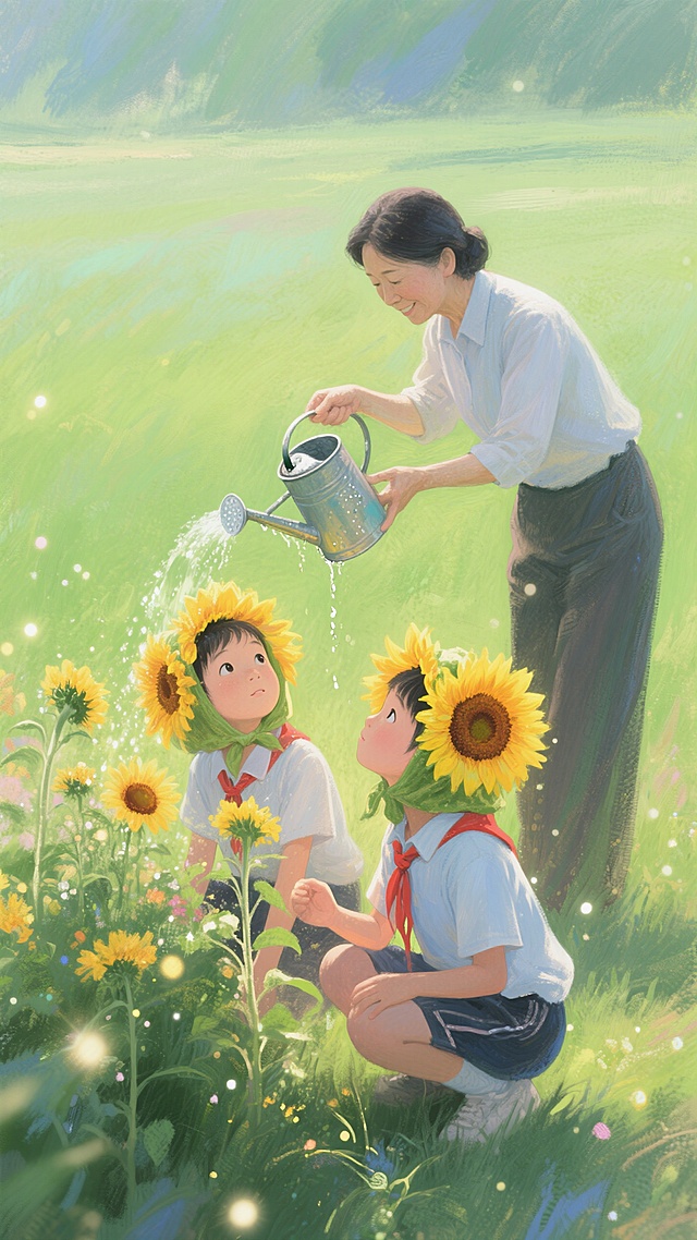 大面积绿色渐变草地背景。下方远景一位老师提着浇花壶，花壶对着两个小学生（戴向日葵头套，表情愉悦）头顶，学生蹲在花丛边，抬头。唯美治愈氛围。
