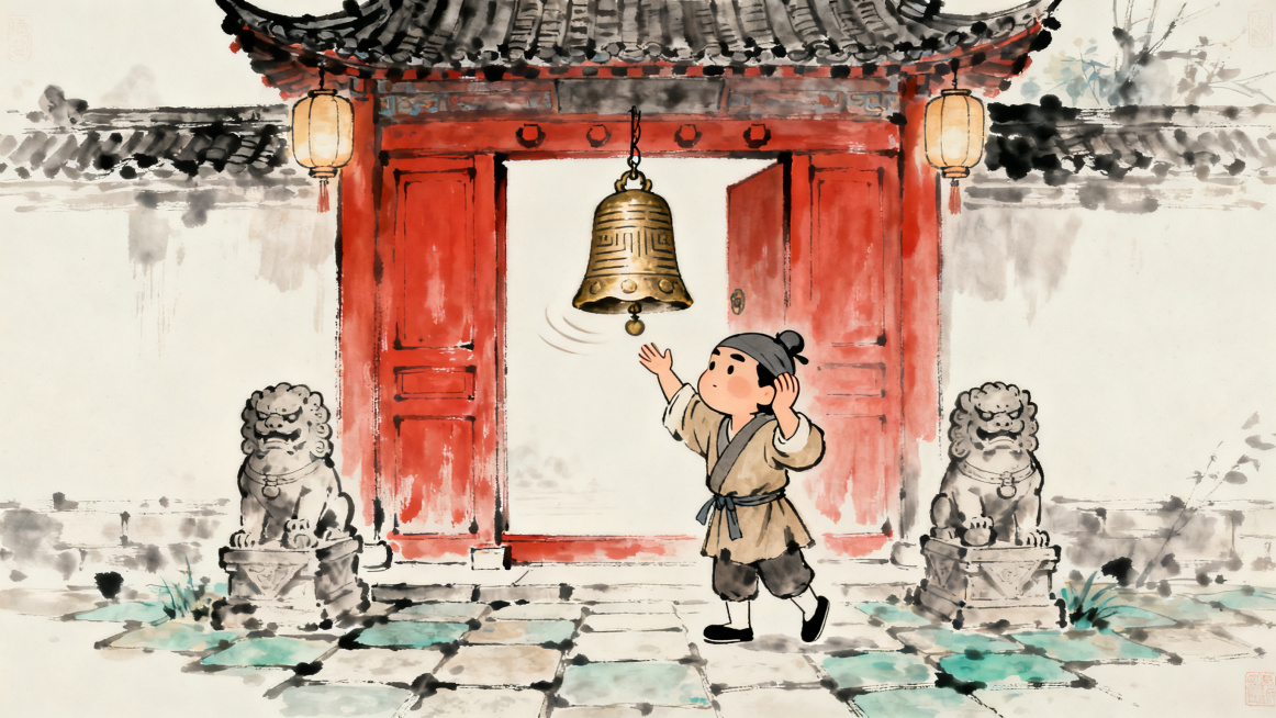 中国古代寓言掩耳盗铃故事卡通场景图，古风国画风格，古代大户人家门前，小偷捂着耳朵偷门口铜铃，卡通国风意境预览效果