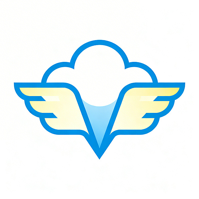 云翼航空图形Logo设计，采用几何构建与布尔运算原则，核心图形结合云朵和翅膀轮廓，运用负空间技法，遵循黄金比比例，矢量扁平设计，主色调天蓝+云白+浅黄，白色背景。图形经过大小修正和重心修正，确保视觉平衡，呈现简约年轻轻盈的航空品牌风格。