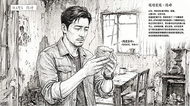 保持场景和人物不变，将手臂往下放，不要举着杯子，改成自然普通地端着杯子，保持原本的黑白铅笔画风、不经意看杯子的状态和近景构图不变