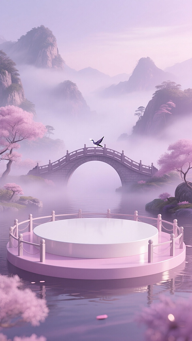 梦幻中式3D场景，朦胧山雾环绕，唯美景致中融入超现实元素，桥上仙鹤点睛。