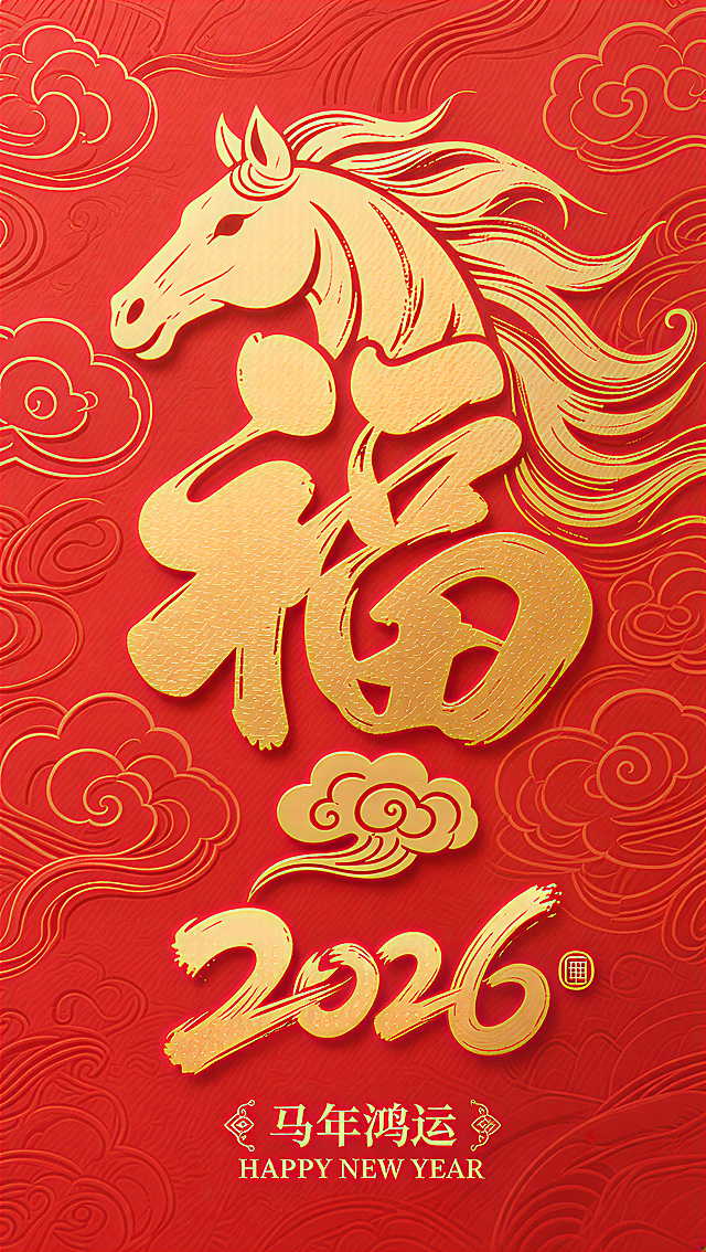 国潮风剪纸与鎏金浮雕结合，大字“福”融合马形，红金配色彰显喜庆中式感，祥云纹饰烘托民族韵味，呈现2026马年鸿运主题。
