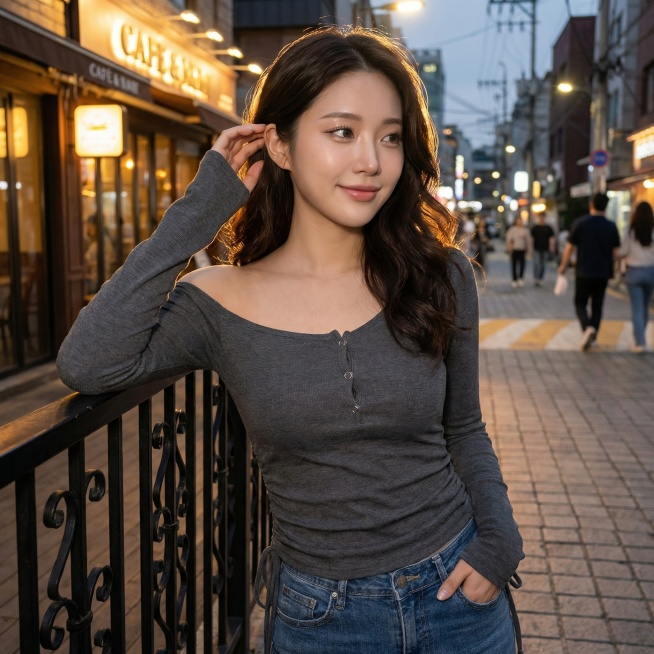 严格还原上传的深灰色斜肩抽绳长袖针织上衣，包括不对称斜肩设计、领口三颗金属气眼纽扣、侧边腰部抽绳、哑光针织面料等所有细节；画面主体为一位20-28岁年轻东亚女性模特，身材纤细，自然微卷深棕色长发，清透预览效果