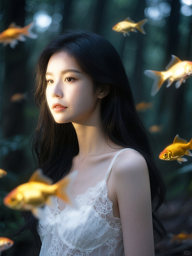 森林少女，环绕动态模糊的金鱼，金鱼发光，梦核暗调。脸部一束光，奶油肌，特写