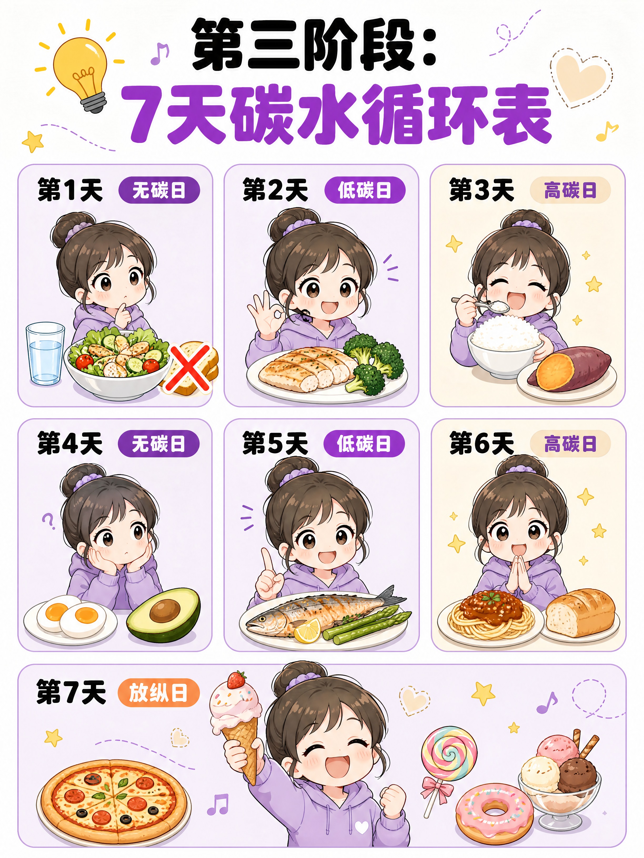 竖版3:4小红书减脂食谱内页，日系Q版二次元赛璐璐风，纯白背景… - 图片创意预览