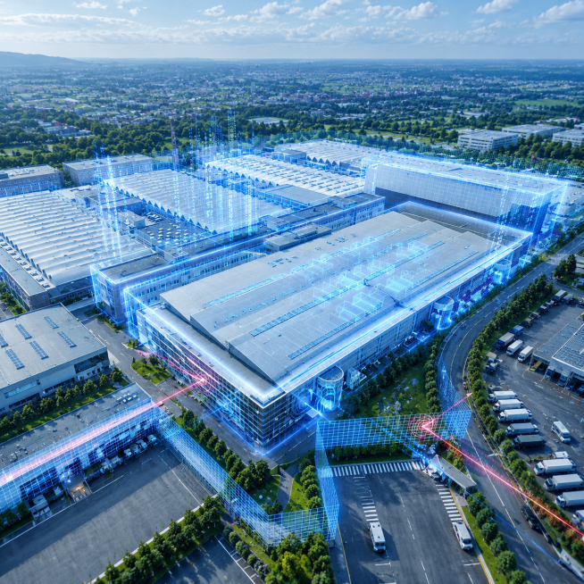 现代化工业园区，严格参照上传产品图，完整保留智能工业园区的布局结构、轮廓、比例和光影效果，融入蓝色全息数字网格和数据信息流效果，体现智能现代化科技风格。户外高空俯瞰航拍，自然蓝色冷调，保留斜射日光光影预览效果