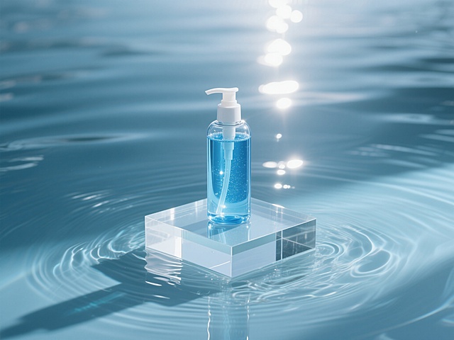 水中间有一个玻璃展台，展台中央放置着一瓶透明蓝色的洗发水，瓶身晶莹剔透，蓝色液体在瓶中微微晃动，周围是清澈的水面，光线从上方照射下来，在玻璃展台和洗发水瓶上形成明亮的反光和折射效果，水面平静，倒映出展台和瓶子的轮廓，整体画面干净、通透，充满现代感和高级感