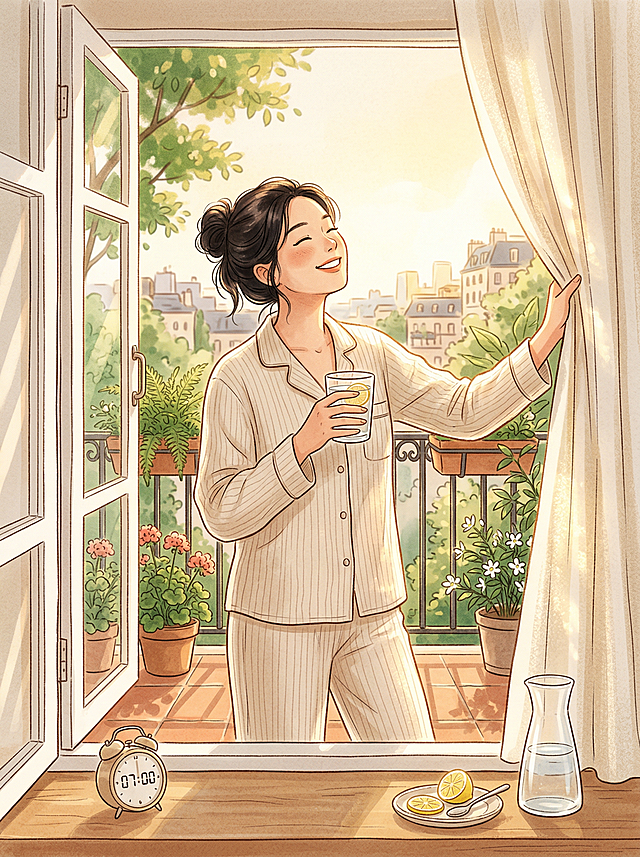 温馨明亮的室内晨景，年轻女性穿着舒适的睡衣，站在洒满阳光的窗边阳台上，左手端着一杯透明玻璃杯的温水，杯中有薄薄一片柠檬，右手轻轻拉开窗帘，阳光从窗外斜照进来，在她脸上和身上形成柔和的光斑。她面带轻松愉悦的微笑，微微仰头闭眼，享受清晨阳光。窗外是清新的城市或绿植阳台，画面整体色调温暖明亮，浅黄、淡橙和白色为主。画风清新自然，略带手绘插画感，传达出"开启代谢、轻养生"的积极氛围。前景有一个小闹钟显示早晨7点，旁边放着一只水壶和柠檬片，细节增强生活感。构图聚焦人物半身，背景简洁不杂乱，突出阳光与水的互动。