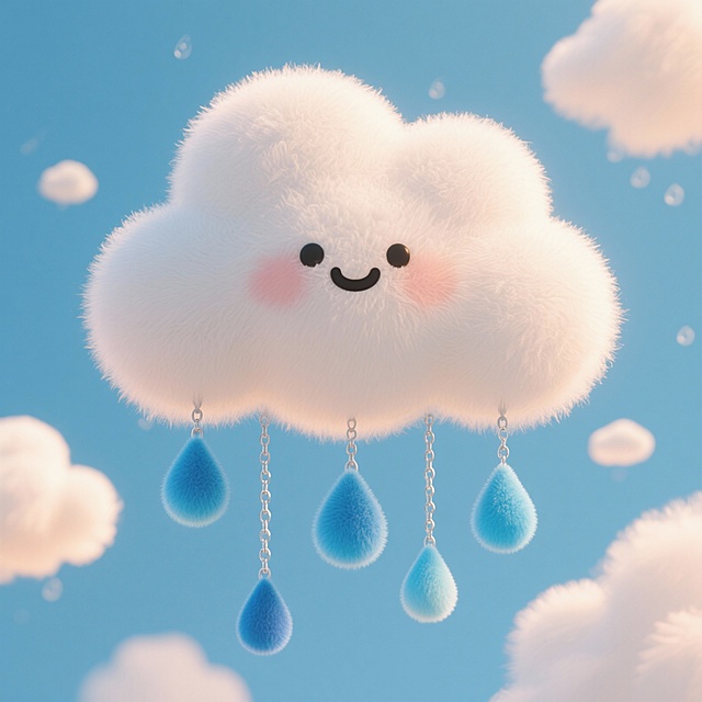 帮我生成一个3d卡通图案，主题元素是云朵在下雨，正面主视角，毛绒质感，卡通玩偶风格，纯暖白色云朵和每个渐变蓝色毛绒雨滴之间单独用银色金属链相连，云朵蓬松形态圆润，拟人表情，雨滴共五个，左右大小交错变化，前后左右交错排列，背景天空，局部添加暖白色半透明毛绒云朵