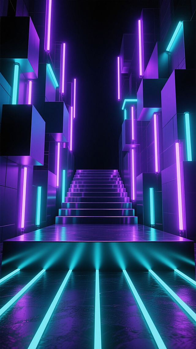 赛博朋克风格舞台设计，深邃黑色背景，中央为多层阶梯式舞台，表面光滑有金属质感并带有强烈反光。舞台两侧及后方是高耸的几何块状结构，立体排列形成纵深感。大量霓虹灯管以垂直和水平方向穿插其中，主色调为明亮的蓝紫色，辅以少量青色光效，灯光在地面和墙面投射出长长的光影和光晕。整体光影对比强烈，营造出未来感十足、科技感爆棚的舞台氛围，光线分布均匀且具有引导性，舞台前方地面有规则排列的发光线条，增强空间延伸感和动感。