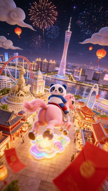 5张连贯分镜图，适配15秒马年新年短片，皮克斯风3D动画，主题为蓝白熊猫和萌马如图所示，整体为喜庆红金，暖色调，画面鲜艳明亮:第一张是穿着红色汉服和裤子的蓝白熊猫如图上的熊猫抱着粉色萌马，背景有祥云和预览效果