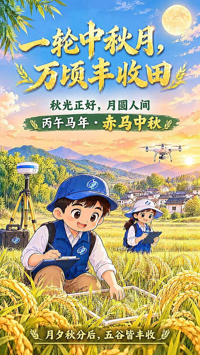 对这张中秋海报进行局部文字修改，其他内容完全保持不变：
1. 将绿色横条内的文字'丙午马年·六十年一遇祥瑞丰年'修改为'丙午马年·赤马中秋'，即删除'六十年一遇祥瑞丰年'，并在'丙午马年'后加上'赤马中秋'；
2. '丙午马年·赤马中秋'这行文字可以稍微重点突出（字号略大、颜色可带金色点缀），但不要过度夸张；
3. 其他所有元素（大标题'一轮中秋月，万顷丰收田'、副标题'秋光正好，月圆人间'、底部'月夕秋分后，五谷皆丰收'、两位调查员人物、蓝马甲标志、无人机、测量仪器、稻田村落、月亮天空、整体色调和布局）均保持原样，文字清晰无错字。