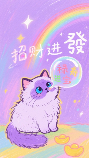 淡紫色布偶猫吐出的彩虹泡泡里，包裹的不再是符号，而是清晰的“發”、“禄”、“寿”等字。背景梦幻的星光紫中，有流光写出“招财进宝”的轨迹。预览效果