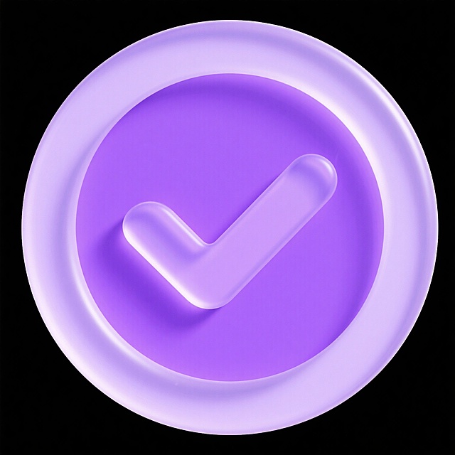一个紫色的圆形对勾图标，采用磨砂玻璃材质，具有半透明效果和细腻的磨砂质感，保持原图的3D立体风格，圆形边框和对勾符号均为统一的紫色，光影柔和，高光部分呈现出磨砂玻璃特有的朦胧光泽，阴影自然过渡，背景为纯白色，简洁干净，整体设计简洁明了，视觉层级清晰，突出对勾这一核心元素，传达出确认、完成的积极含义。