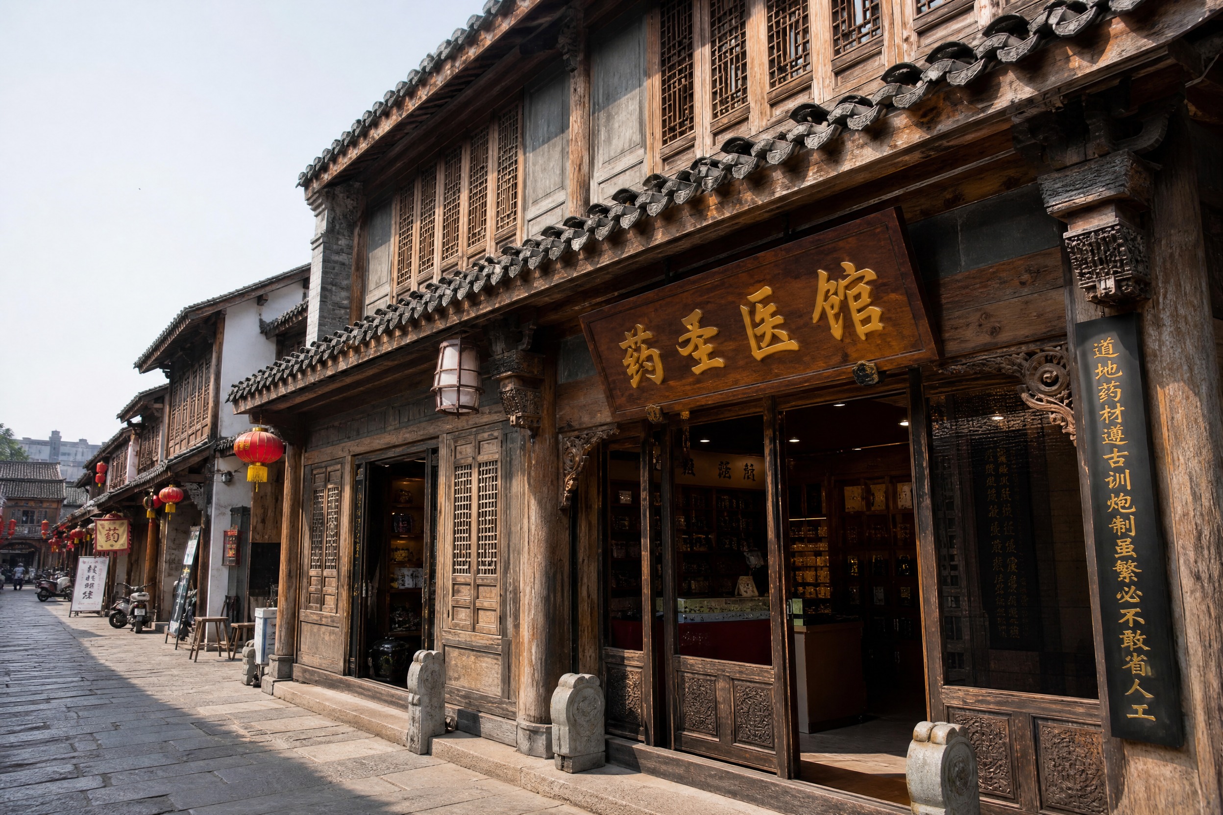古中医馆街景实拍，真实现实风格，古色古香的中式传统建筑，木质结… - 图片创意预览