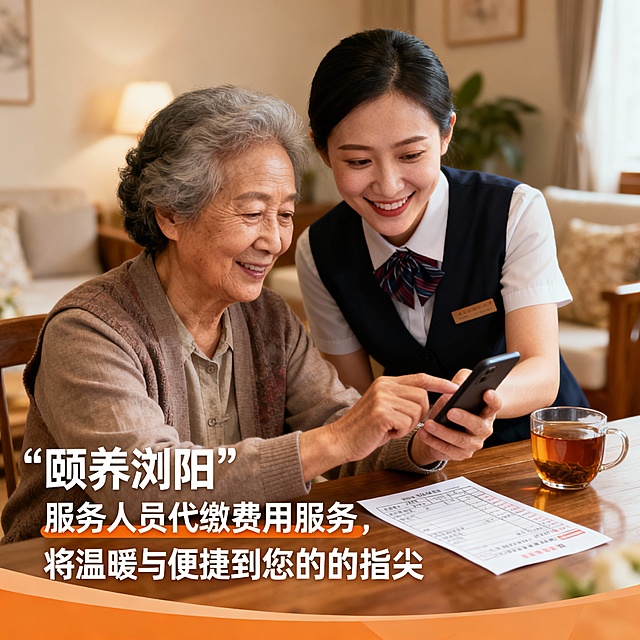 帮我生成带“颐养浏阳”服务人员代缴费用服务,将温暖与便捷送到您的指尖。服务场景的图片