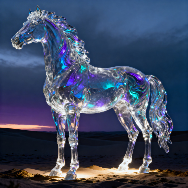 一匹高傲的七彩琉璃马，昂首挺胸，姿态孤傲，站在一望无际的暗色沙漠中。马身通体由半透明七彩琉璃构成，冷色调为主，蓝、紫、青、银白交织，内部有流动的光纹，如活物般游走。琉璃材质晶莹剔透，折射出璀璨的彩色光预览效果
