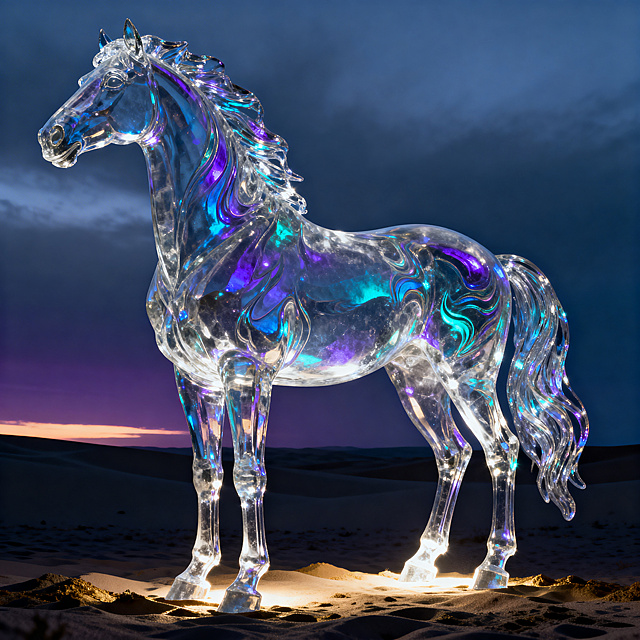 梦幻感与未来感交织的玻璃风水晶马，3D渲染呈现液态光影流动，超现实主义沙漠夜景中透出清透唯美感，科技与优雅共舞。